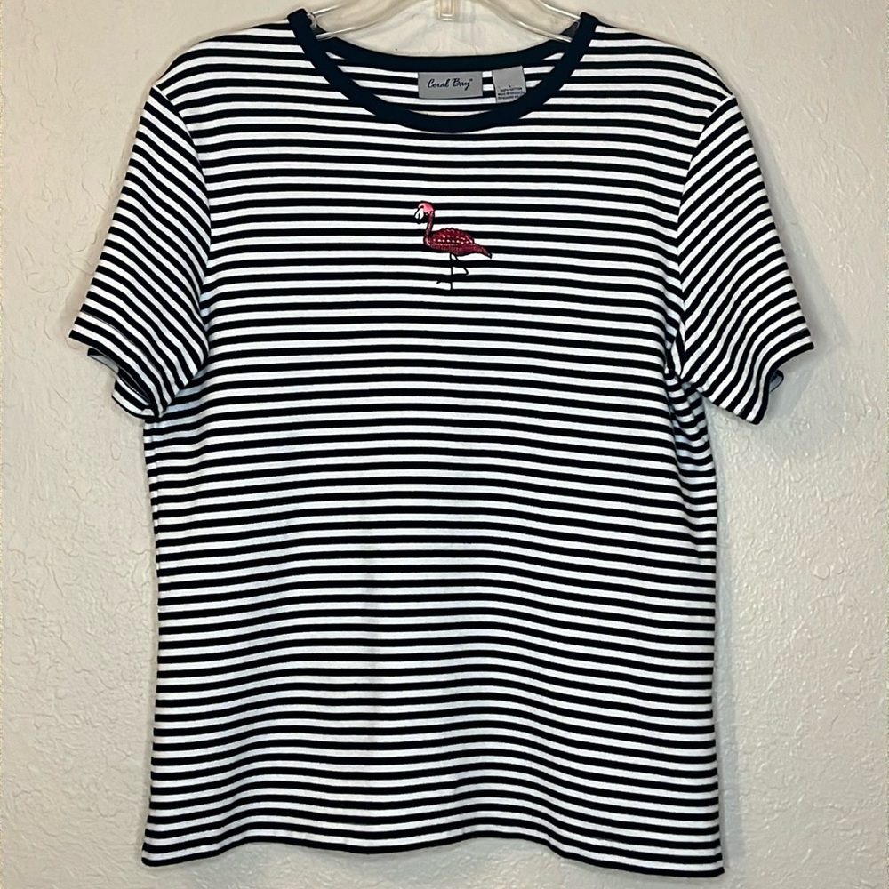 Coral Bay Stripped Shirt Black White Pink Sequin Flamingo Womens Size L Cruise